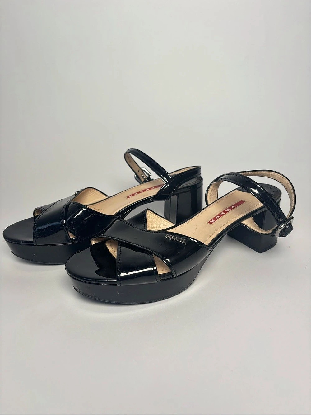 Prada Linea Rossa Black Platform Block Heel Ankle Strap Sandals 38 US 8